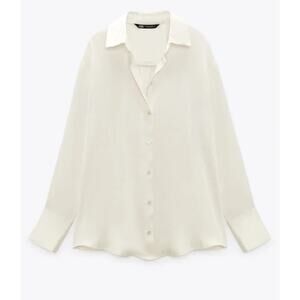 Zara Ecru White Satin Effect Shirt/Blouse - Medium